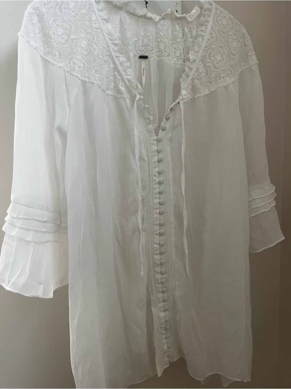 Free People sheer button-down features delicate lace trim and ruffle sleeves - Picture 8 of 11